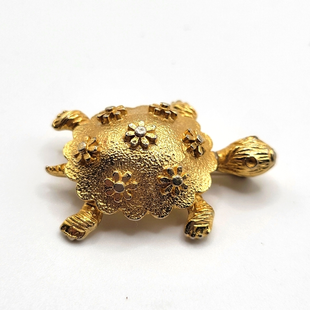 VTG Coro Turtle Brooch | Gold Tone | Flowers | SIGNED